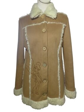 Disney Camel Coat with Cream Shearling Trim and Tinker Bell Motif